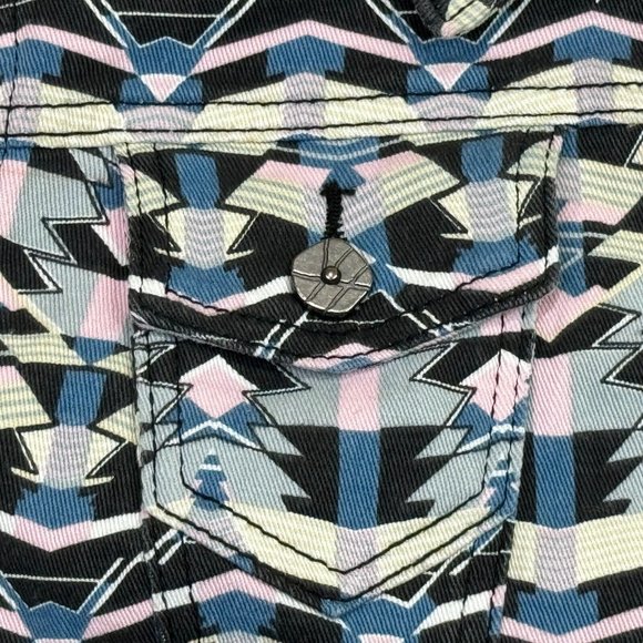 Hot Kiss Crop Top Denim Jacket 80s Retro Pastel Geometric Button Up Womens L - Picture 12 of 12